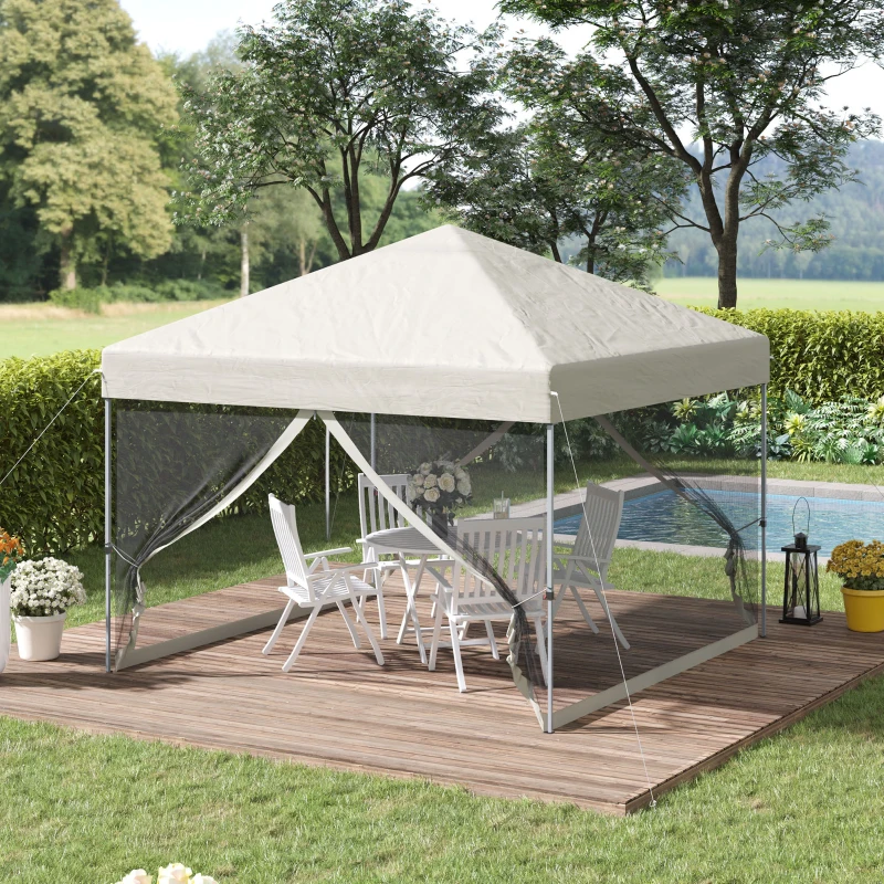 Outsunny 10' x 10' Pop Up Canopy Tent, Tents for Parties with Netting and Wheeled Carry Bag, Height Adjustable Instant Sun Shelter, for Outdoor, Garden, Patio, Beige