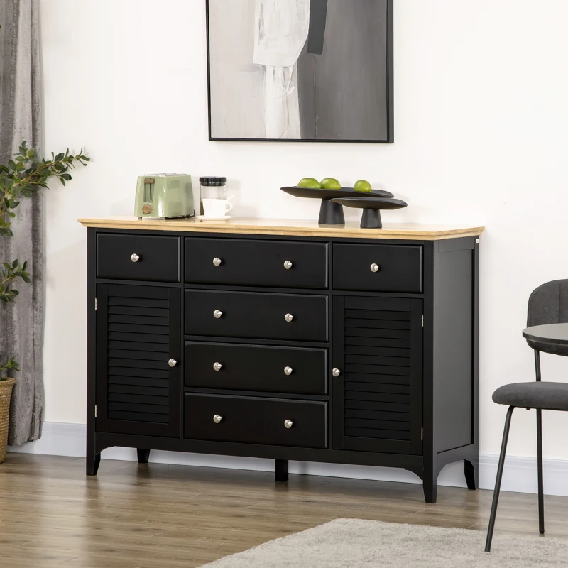 HOMCOM Sideboard with Storage Drawers, Buffet Cabinet with Rubber Wood Top and Adjustable Shelves, Coffee Bar Cabinet, Black