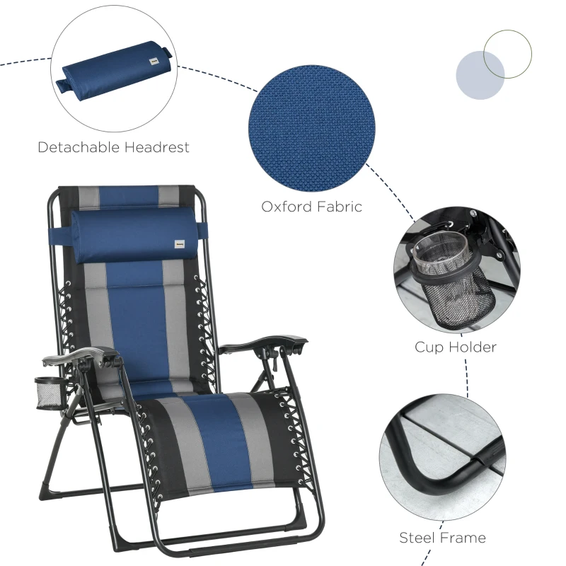 Outsunny XL Oversize Zero Gravity Recliner, Padded Patio Lounger Chair, Folding Chair with Adjustable Backrest, Cup Holder, and Headrest for Backyard, Poolside, Lawn, Striped, Blue