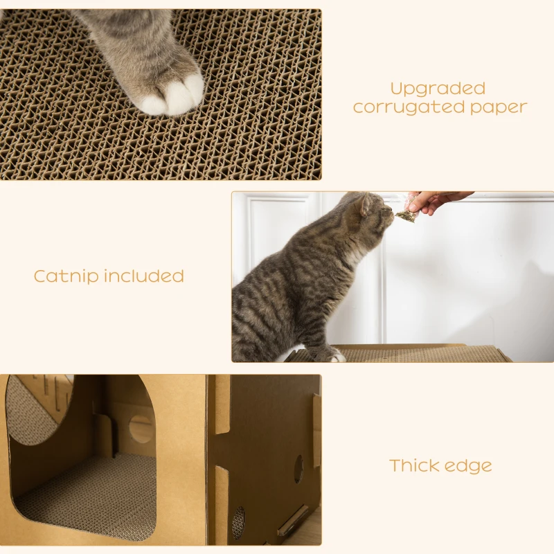 PawHut Cardboard Cat House DIY Cat Tree with Condos, Scratching Pad Board Hideaway Toy Pet Furniture, Brown
