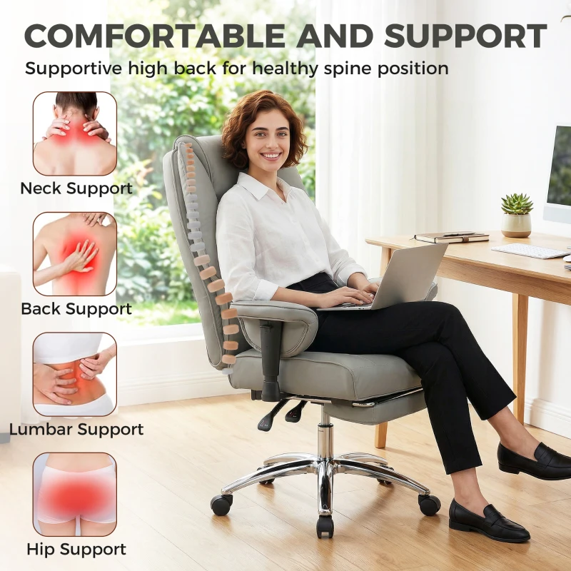 HOMCOM Ergonomic Office Chair, High Back Reclining Desk Chair with Adjustable Armrests, Pet Friendly Faux Leather, Light Gray