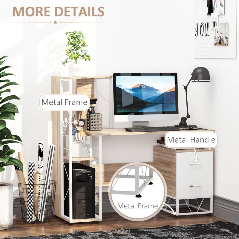 HOMCOM 52" Modern Computer Desk with Storage Shelves and Drawers, Home Office Desk, Study Workstation with CPU Stand, Oak