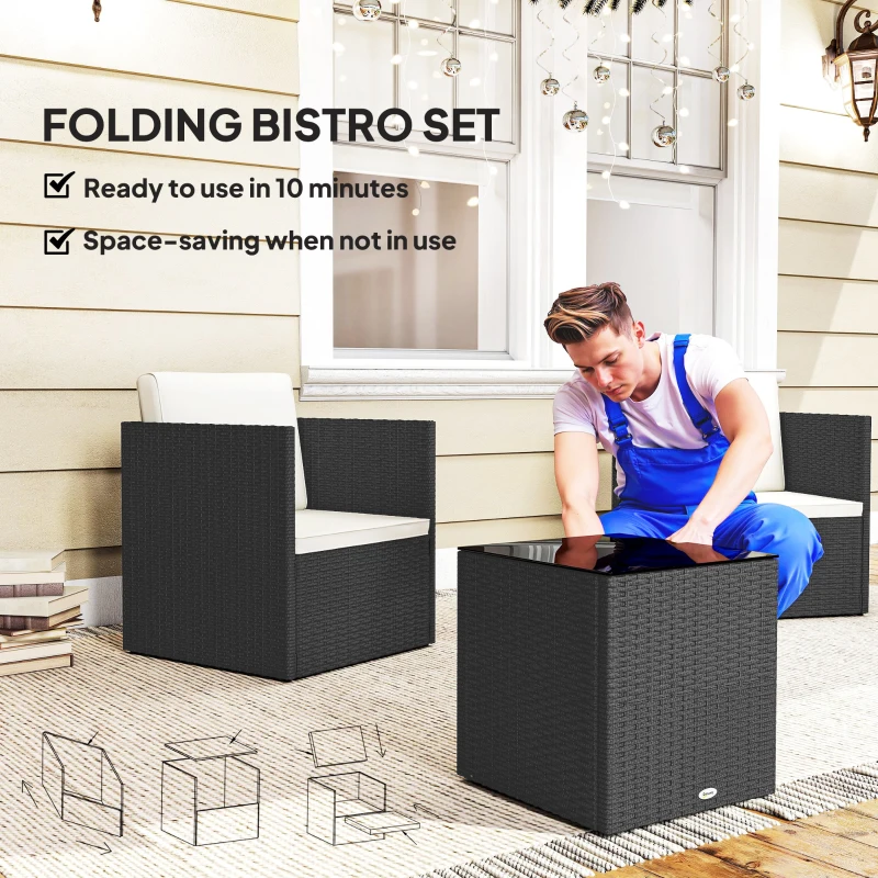 Outsunny Folding Wicker Bistro Set, 3 Piece Patio Furniture Set with Cushions and Glass Coffee Table for Porch, Balcony, Black