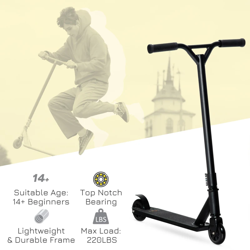 Aosom Stunt Scooter, Pro Scooter, Entry Level Freestyle Scooter w/ Lightweight Alloy Deck for 14 Years and Up Teens, Adults, Black