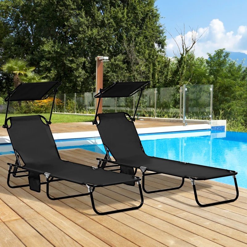Outsunny Chaise Pool Lounge Chairs Set of 2, Outdoor Sun Tanning Chairs, Reclining Back, Steel Frame and Side Pocket, Black