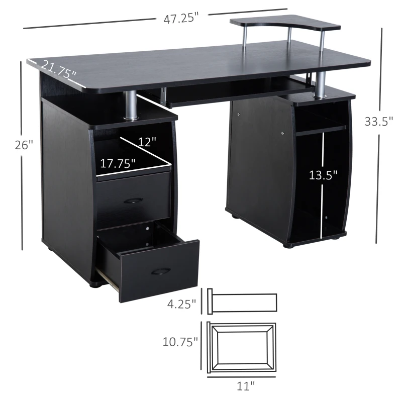 HOMCOM Multi-Function Computer Desk Home Office Workstation with Sliding Keyboard Tray, Elevated Shelf, Drawers and CPU Stand, Black