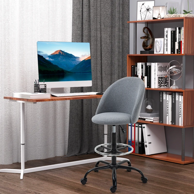 Vinsetto Ergonomic Rolling Drafting Chair for Standing Desk, Linen Office Stool with Adjustable Foot Ring and Steel Base
