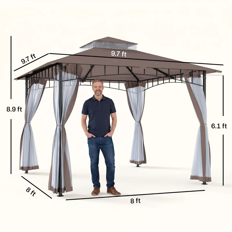 Outsunny 10' x 10' Outdoor Patio Gazebo Canopy Tent with Mesh Sidewalls, 2-Tier Canopy for Backyard, Coffee