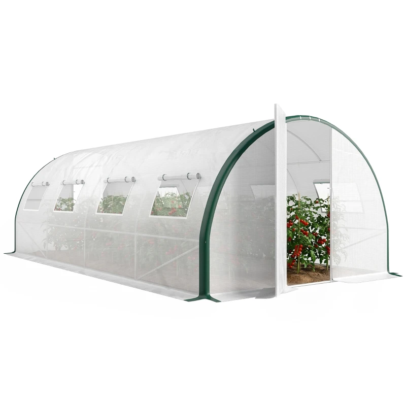 Outsunny Tunnel Greenhouse Walk-in Plant Warm House with 2 Hinged Doors, 8 Mesh Windows, 20' x 10' x 6.6', White