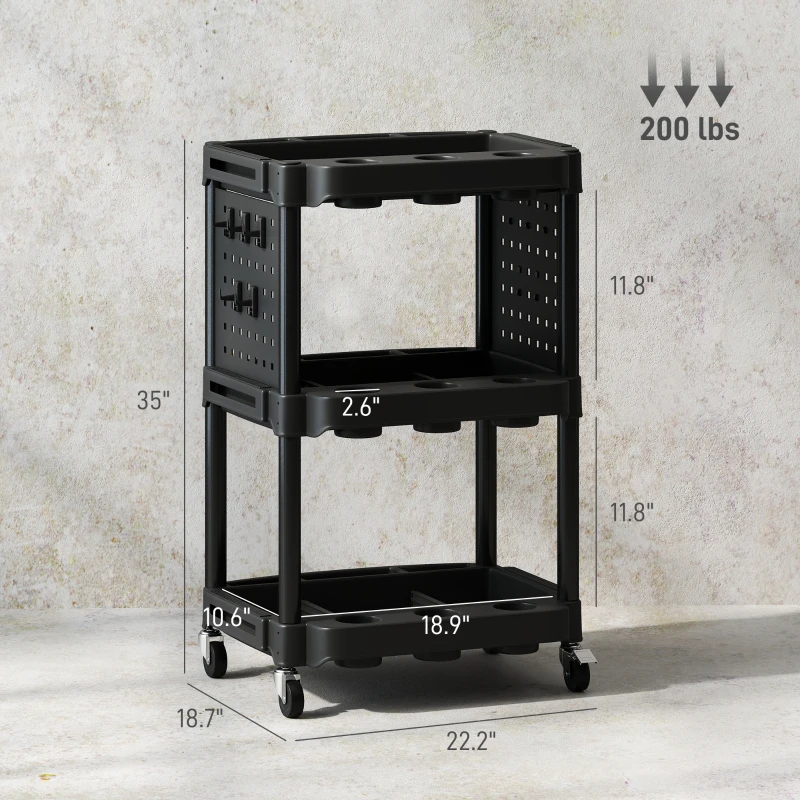 HOMCOM 3-Tier Rolling Tool Cart, 200 LBS Capacity Plastic Utility Cart with Side Shelves for Garage Workshop, Black