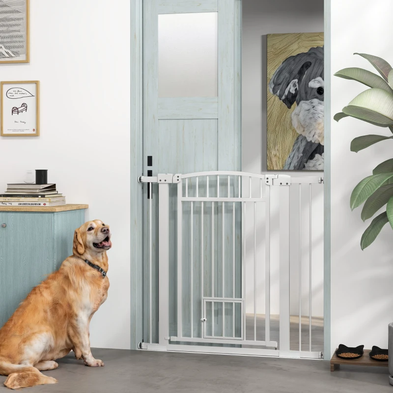 PawHut 30"-41" Extra Wide Walk Through Dog Gate w/ Cat Door, 3-Inch & 5.5-Inch Extension Kits, 37" High