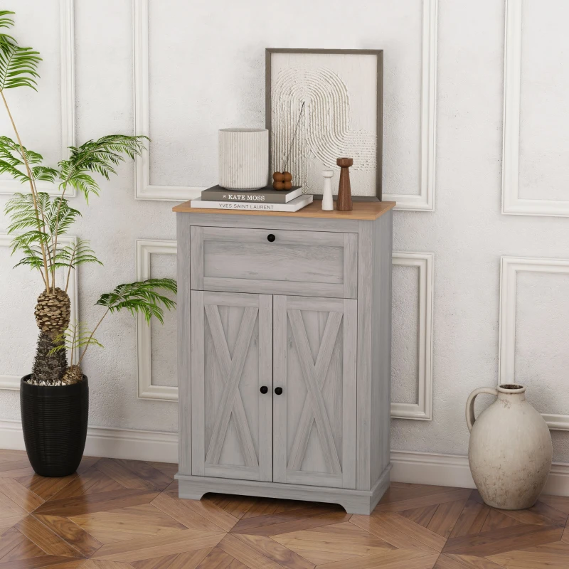 HOMCOM Farmhouse Sideboard Storage Cabinet with Doors and Drawer for Kitchen, Living room, 23.5"x11.75"x34.5", Light Gray