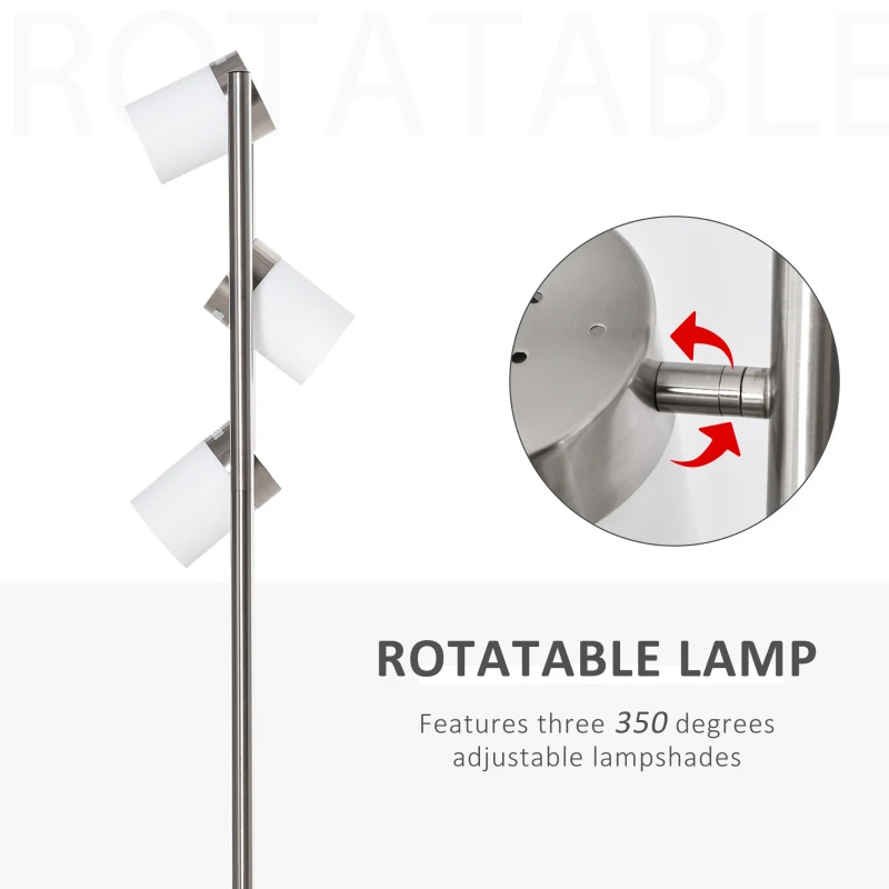 HOMCOM Floor Lamp, Modern Standing Light with 3 Rotating Lights for Living Room, Bedroom, Office, Silver