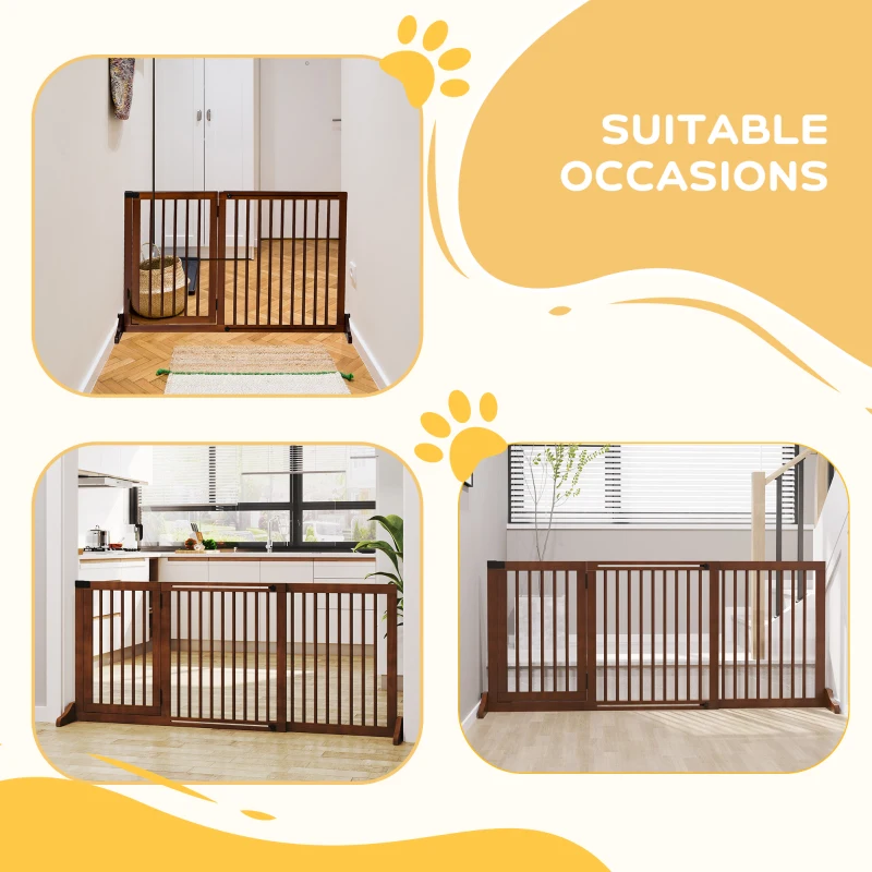 PawHut Freestanding Length Adjustable Wooden Pet Gate with Lockable Door 3 Panels, Brown