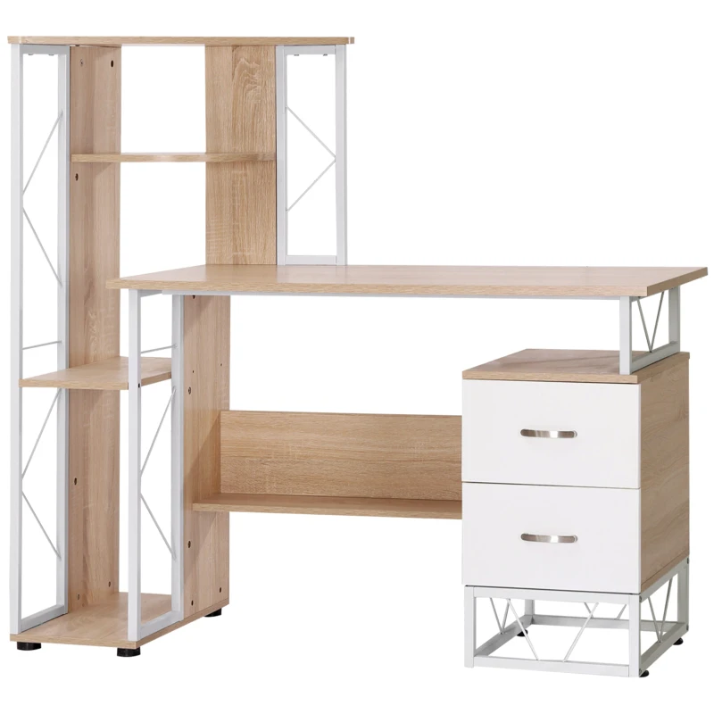 HOMCOM 52" Modern Computer Desk with Storage Shelves and Drawers, Home Office Desk, Study Workstation with CPU Stand, Oak