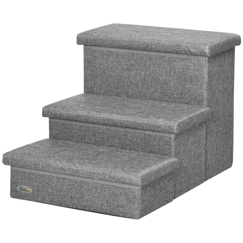 PawHut 3-Step Pet Stairs with Storage, Dog Steps for Couch, Bed, Gray