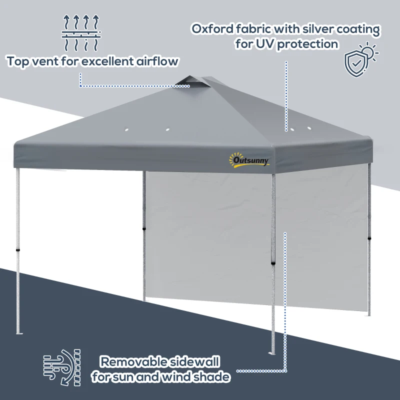 Outsunny 10' x 10' Pop-Up Canopy Tent with 1 Removable Sidewall, Commercial Instant Sun Shelter, Tents for Parties with Wheeled Carry Bag for Outdoor, Garden, Patio, Gray