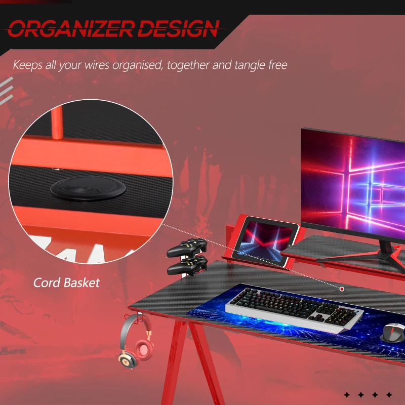 HOMCOM 53" Gaming Desk, Racing Computer Desk with Monitor Shelf, Gamepad Rack, Cup Holder, Headphone Hook, and Cable Basket, Red