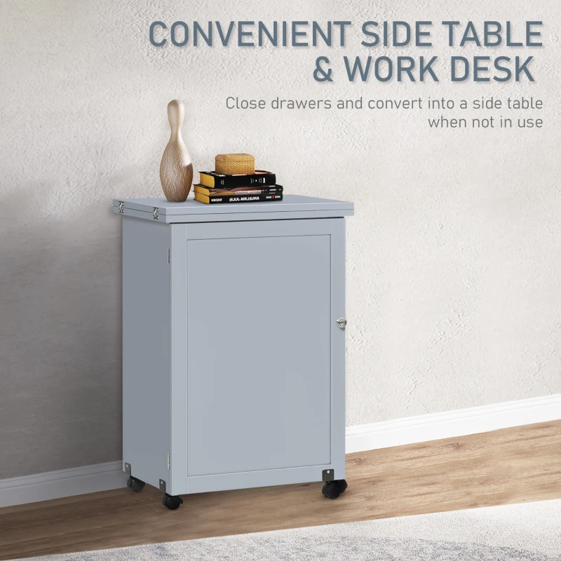 HOMCOM Folding Sewing Table, Rolling Utility Work Station Side Desk with 3-Tier Storage Bins, Shelf, and Lockable Casters, Grey