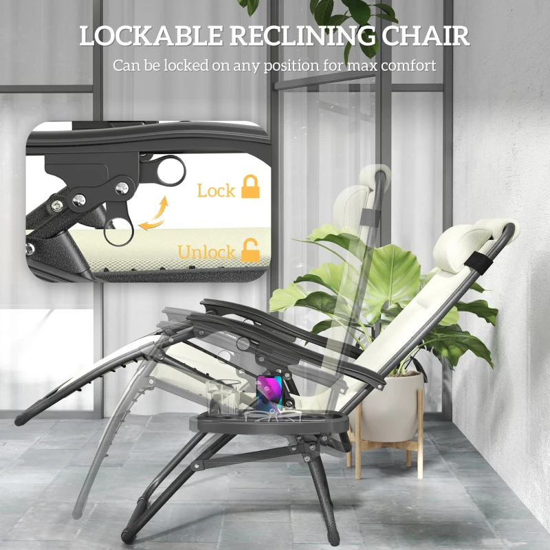 Outsunny Zero Gravity Lounge Chair Set, 2 Pieces Reclining Folding Outdoor Lounge Chairs with Headrest Side Tray, Cream