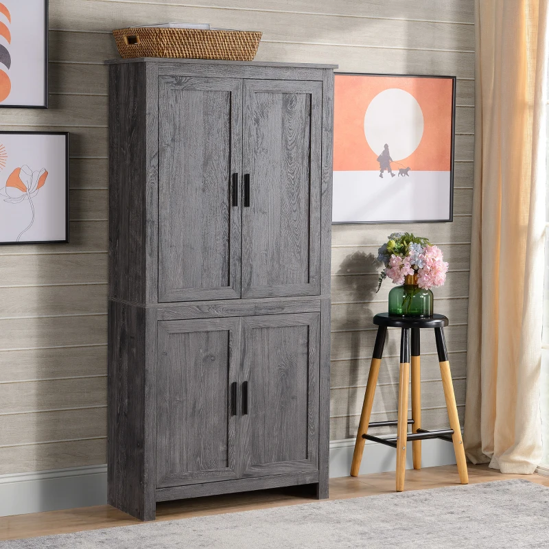 HOMCOM 64" 4-Door Kitchen Pantry, Freestanding Storage Cabinet with 3 Adjustable Shelves for Kitchen, Gray