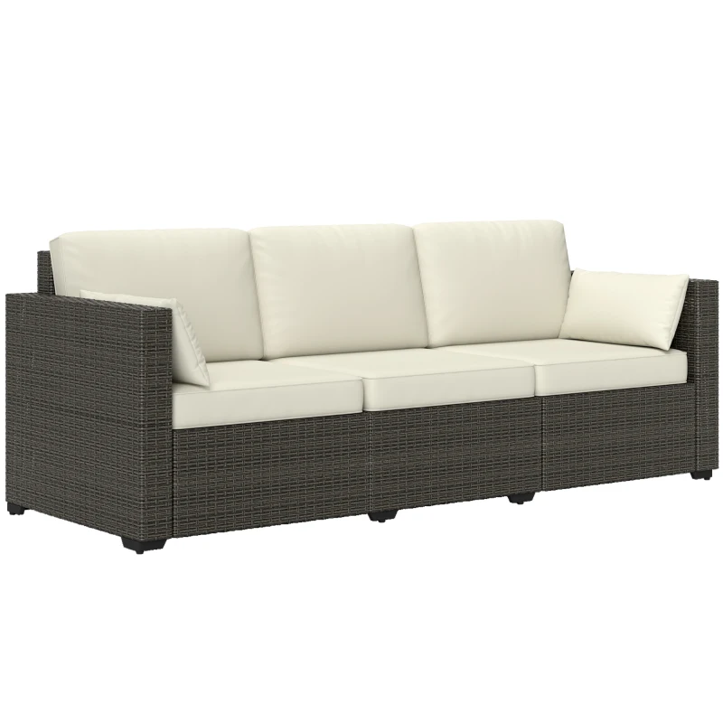 Outsunny Patio Couch PE Wicker Deep Seating Outdoor Sofa with Removable Cushions, 3 Seater Rattan Sofa, Cream White