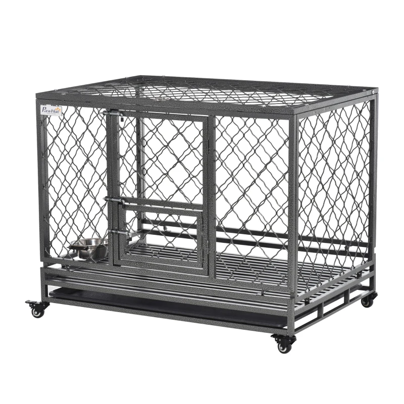 PawHut Heavy Duty Dog Crate, Metal Dog Cage Kennel with Lockable Wheels, Slide-Out Tray, Food Bowl and Double Doors, 42.5"