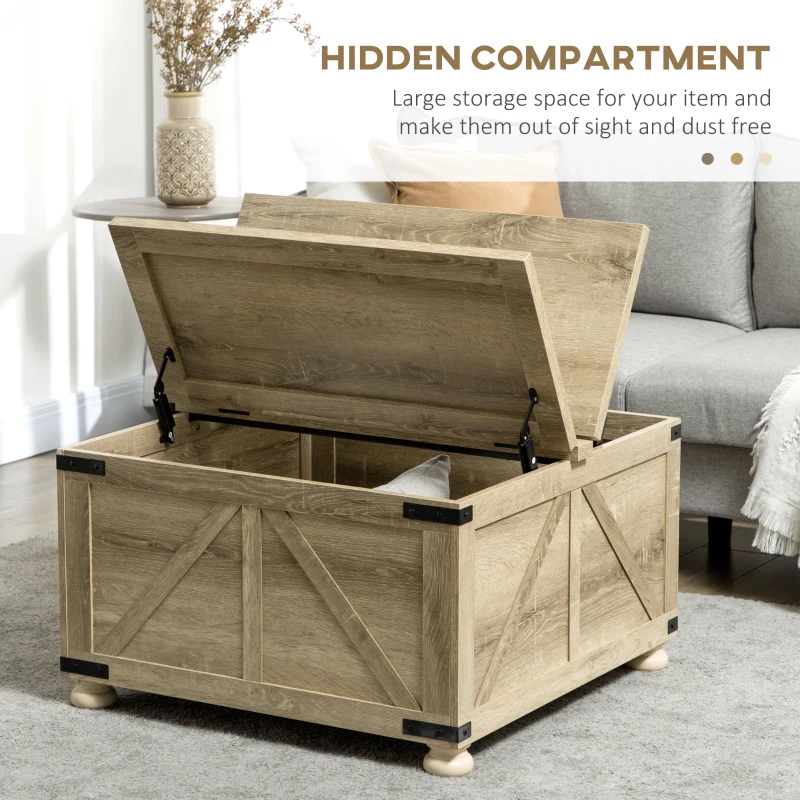 HOMCOM Farmhouse Coffee Table with Storage, Large Square Coffee Table for Living Room Furniture, Wooden Center Table