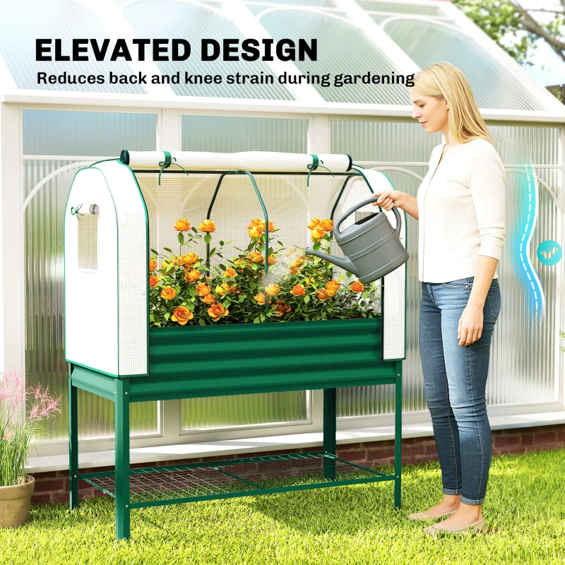 Outsunny Galvanised Raised Garden Bed with Greenhouse Cover, Metal Elevated Garden Bed with Bed Liner, Bottom Shelf, Green