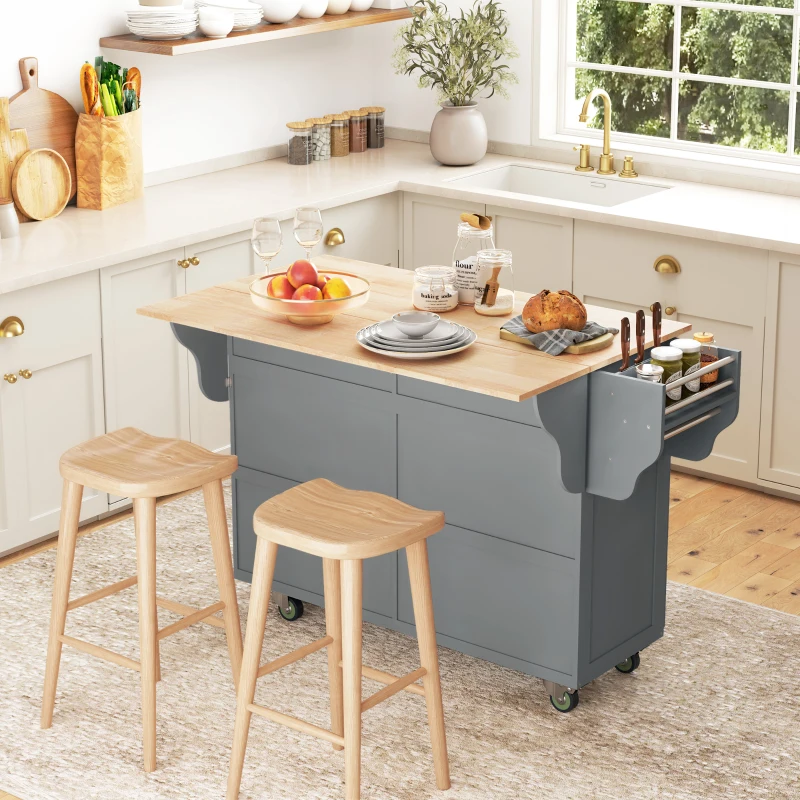 HOMCOM Rolling Kitchen Island Drop Leaf, Kitchen Cart on Wheels, Solid Wood Top Breakfast Nook with Storage Drawers, Gray