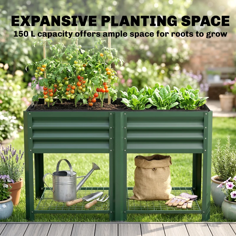 Outsunny Raised Garden Bed Galvanized Steel, Elevated Planter Box with Storage Shelf, Bed Liner, 31.5" High, Green