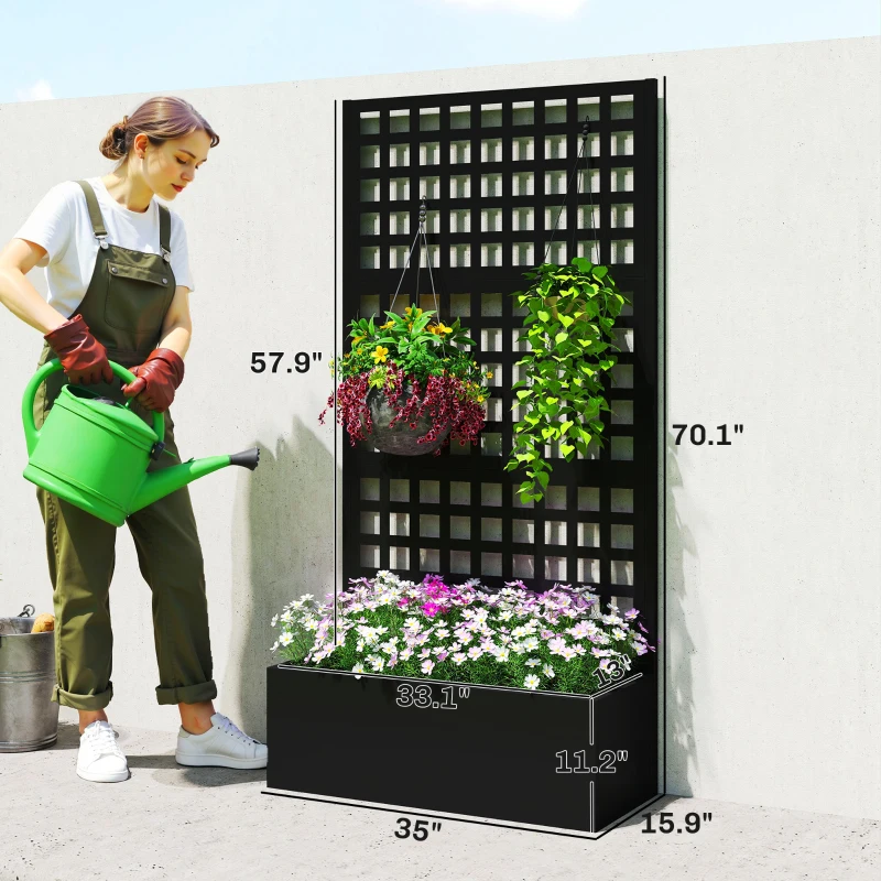 Outsunny Galvanized Raised Garden Bed Planter Box with Trellis for Climbing Plants, Vegetable, Vines, 35" x 16" x 70", Black