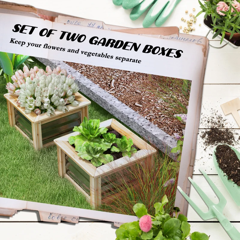 Outsunny Raised Garden Beds Set of 2, Metal and Wood Combined Planter Box, for Growing Flowers, Herbs and Vegetables