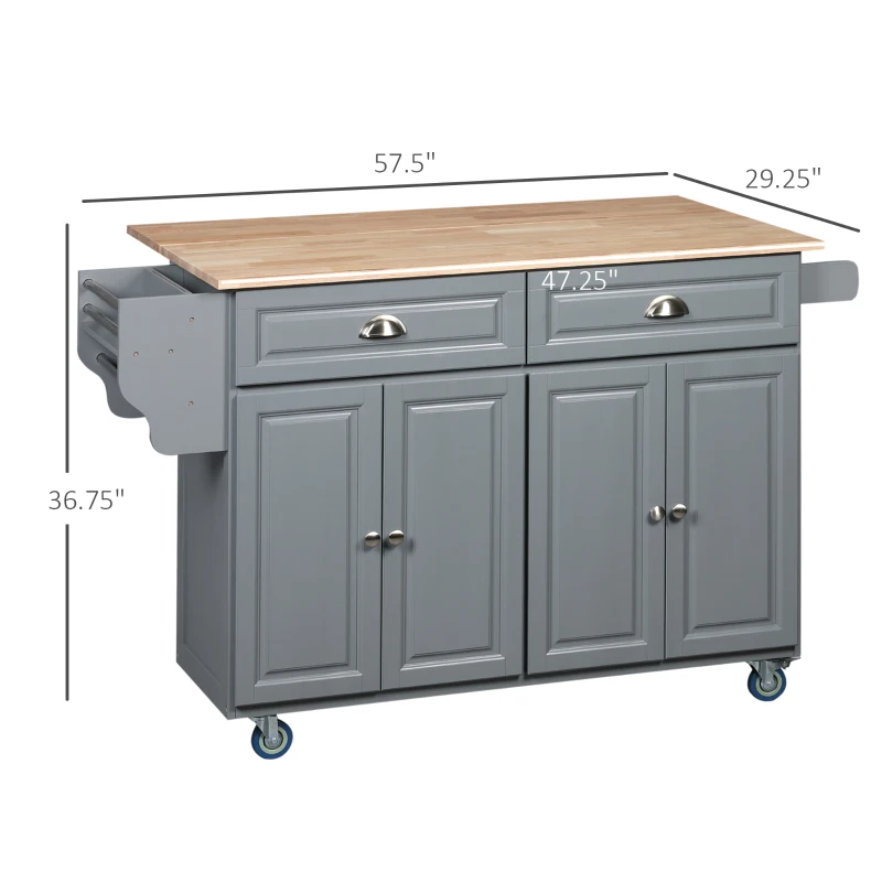 HOMCOM Rolling Kitchen Island Drop Leaf, Kitchen Cart on Wheels, Solid Wood Top Breakfast Nook with Storage Drawers, Gray