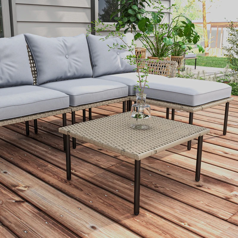 Outsunny 5-Piece Rattan Patio Furniture Set with Sofa, Chaise Lounge, Coffee Table, Footstools, Cushions, Light Gray