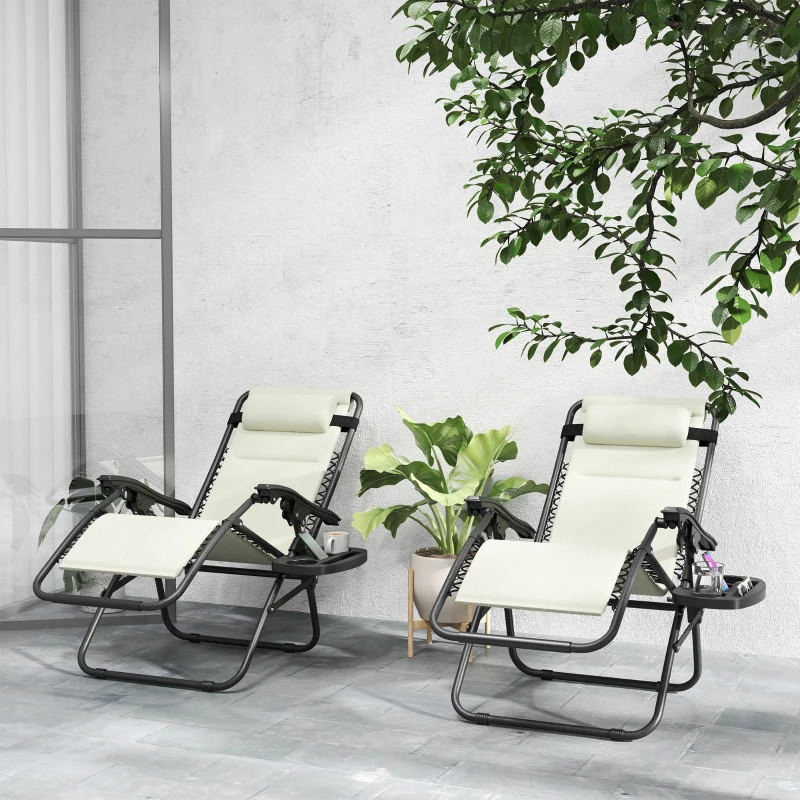 Outsunny Zero Gravity Lounge Chair Set, 2 Pieces Reclining Folding Outdoor Lounge Chairs with Headrest Side Tray, Cream