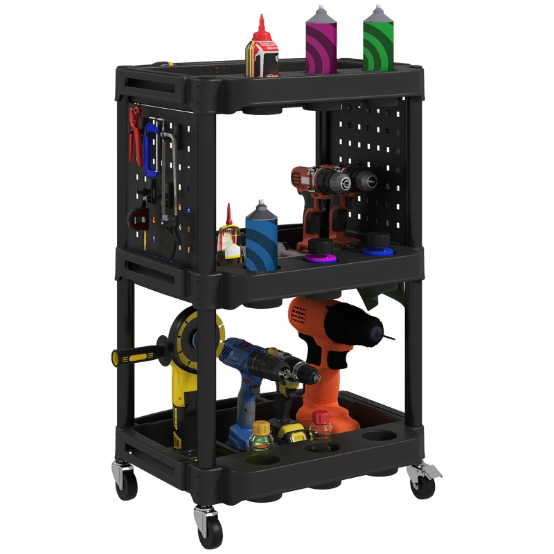 HOMCOM 3-Tier Rolling Tool Cart, 200 LBS Capacity Plastic Utility Cart with Side Shelves for Garage Workshop, Black