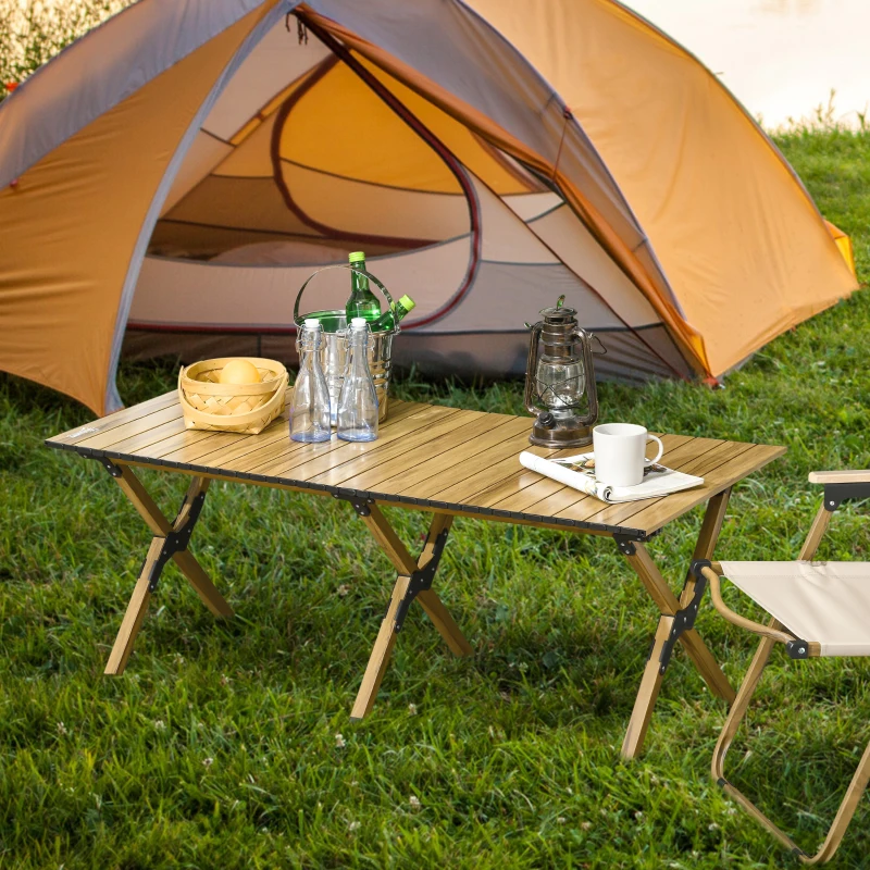 Outsunny 4ft Low Height Folding Camping Table, Roll-Up Aluminum Picnic Table with Carry Bag, Waterproof & Woodgrain Finish, Portable Table for Travel, BBQ, Beach, or Hiking