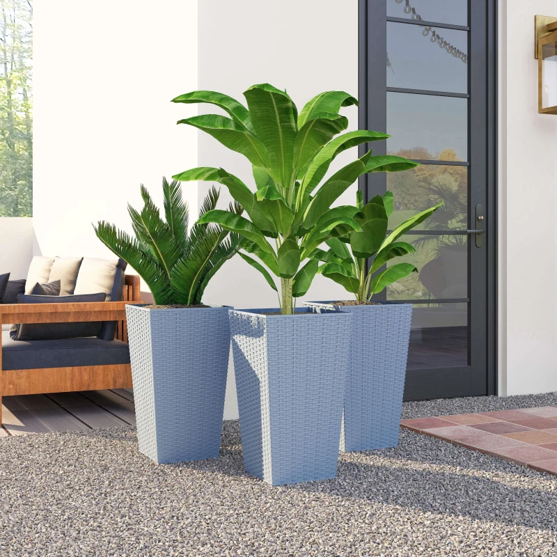 Outsunny Tall Planters for Outdoor Plants Set of 3, 24 In Taper Planters with Drainage Holes, Rattan Decor Plant Pots, Light Gray