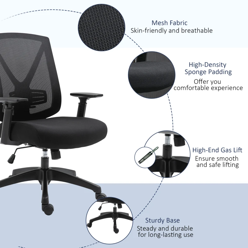 Vinsetto Ergonomic Mesh Office Chair with Lumbar Back Support, Swivel Rocking Computer Chair with Adjustable Height and Armrests for Home Office, Black