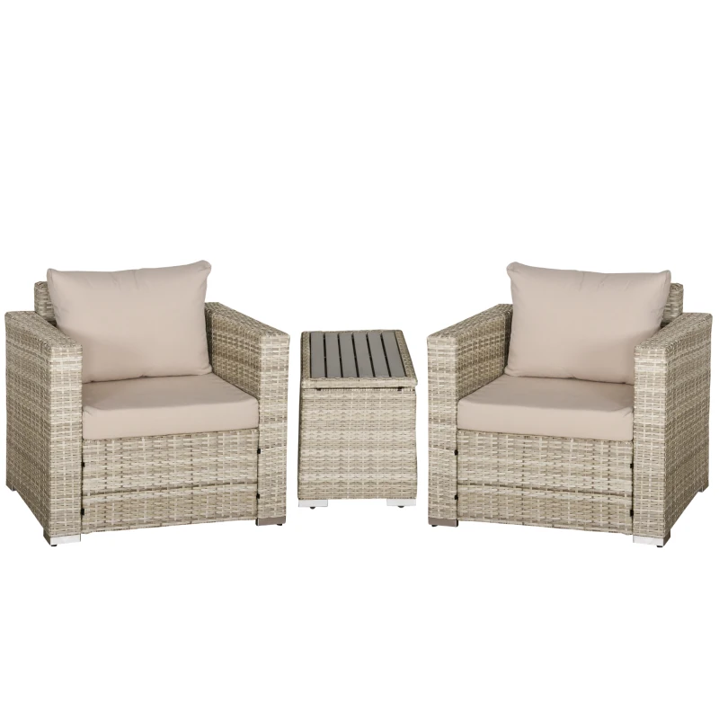 Outsunny 3 Piece Patio Furniture Set, PE Rattan Small Wicker Balcony Furniture, Table & Chairs with Cushions Composite Table, Conversation Set for Apartment, Gray
