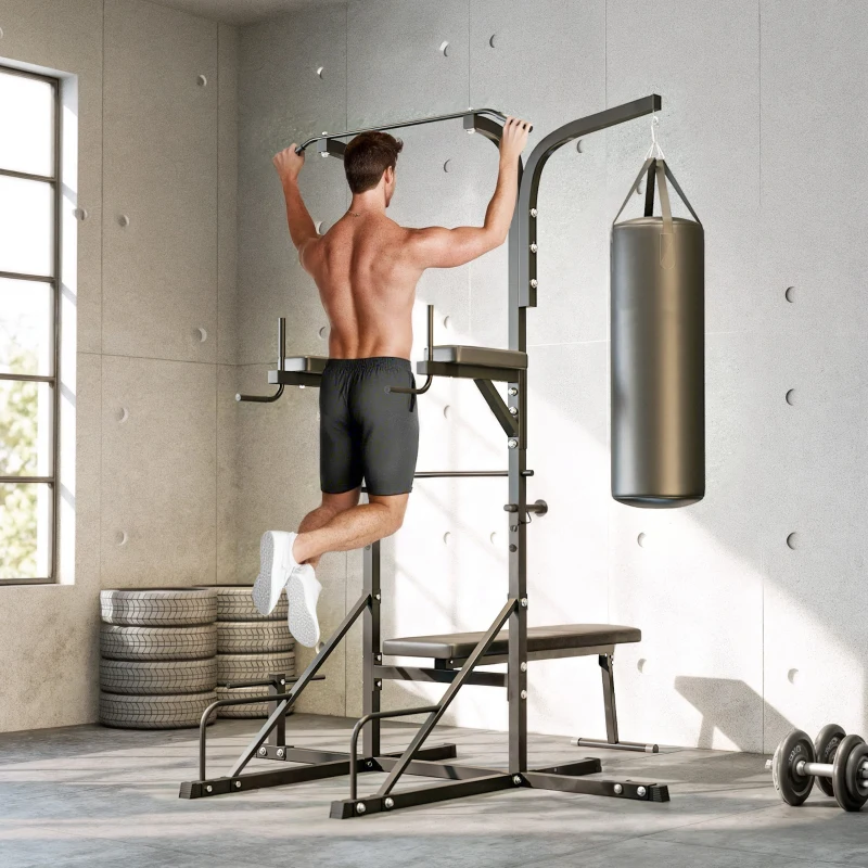 Soozier Heavy-Duty Power Tower Dip Station Pull Up Bar with Foldable Workout Bench and Punching Bag, Multi-Functional Adjustable Strength Training Equipment Power Rack Fitness Equipment for Home Gym