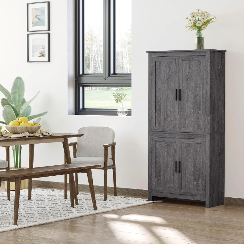 HOMCOM 64" 4-Door Kitchen Pantry, Freestanding Storage Cabinet with 3 Adjustable Shelves for Kitchen, Gray