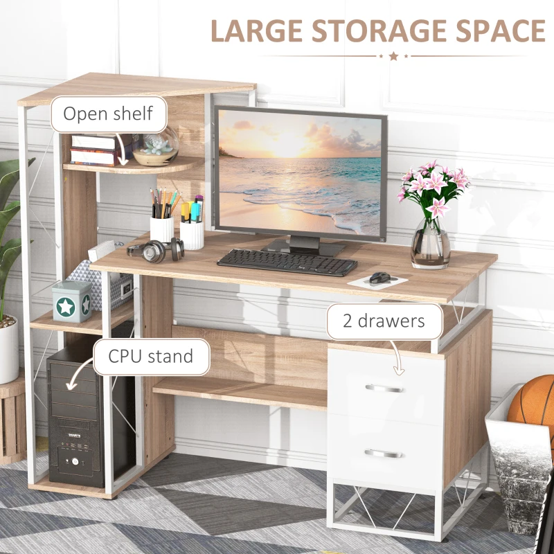 HOMCOM 52" Modern Computer Desk with Storage Shelves and Drawers, Home Office Desk, Study Workstation with CPU Stand, Oak