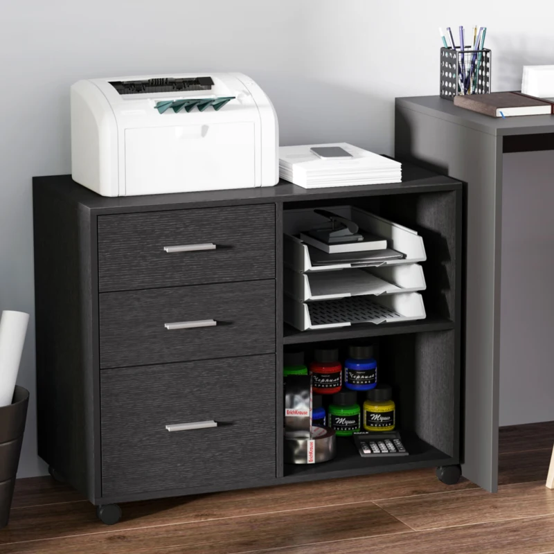 HOMCOM 3 Drawer Printer Stand, Mobile Office Cabinet with 2 Storage Shelves for Home Office, Black