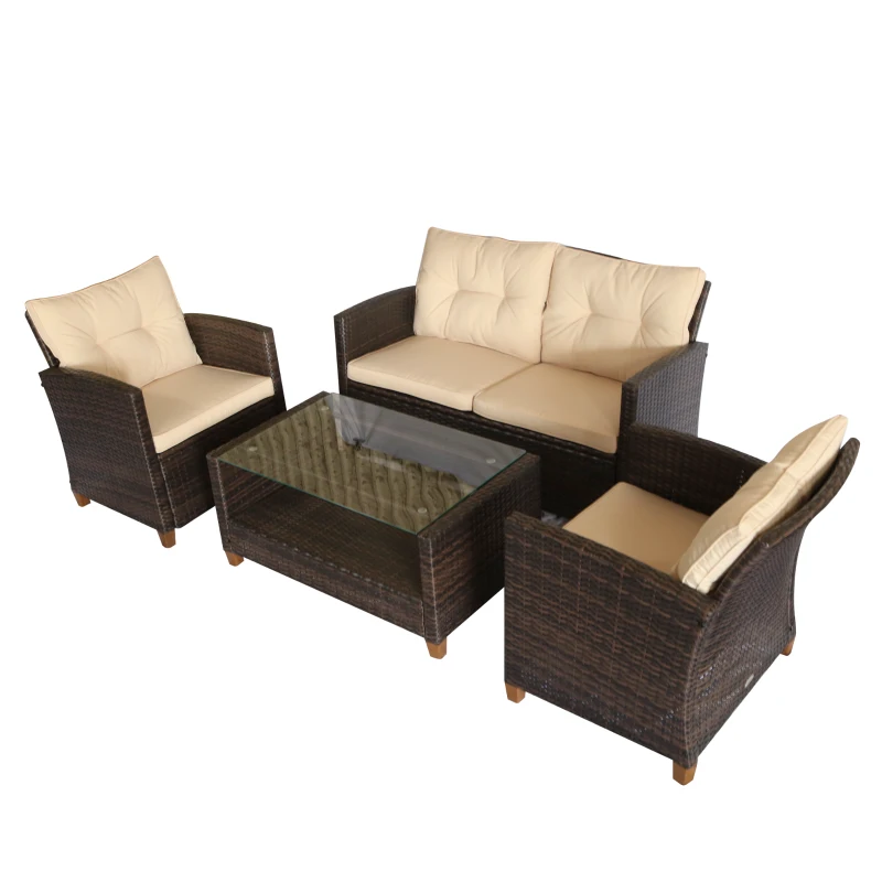 Outsunny 4 Pieces Patio Furniture Sets with Cushions, PE Rattan Wicker Conversation Chairs with Two-Tier Coffee Table for Backyard Porch Garden Poolside and Deck, Beige