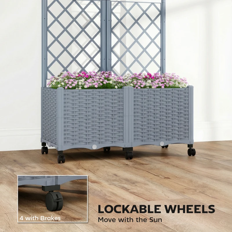 Outsunny Planter Box with Trellis, Self Watering Raised Garden Bed with Lockable Wheels and Drainage Holes, Gray