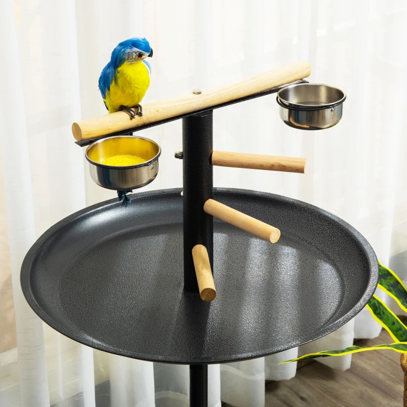 PawHut Portable Bird Play Stand, Parrot Perch Bird Feeder Station with Wheels, Stainless Steel Feeding Bowls, Tray, Gray