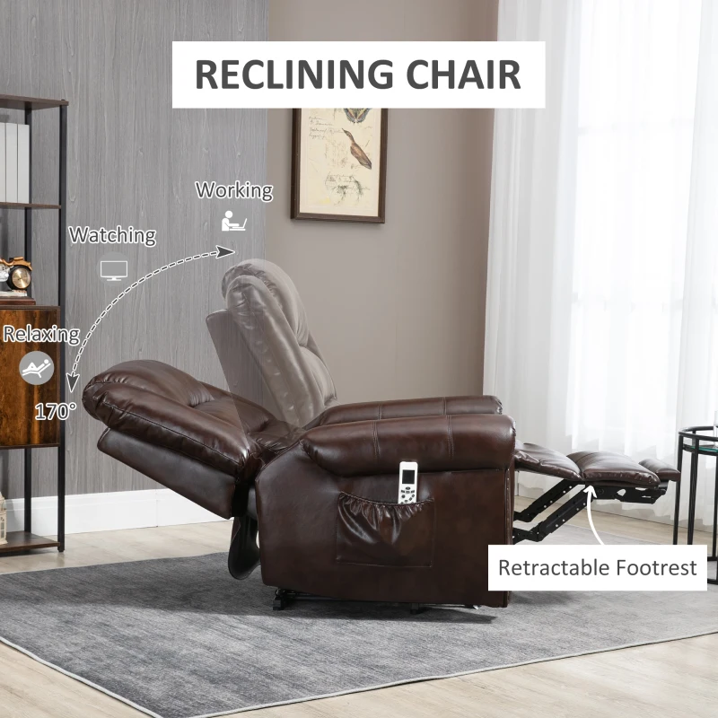 HOMCOM Dual Motor Electric Power Lift Recliner Chair for Elderly with Massage, PU Leather Reclining Chair with Side Pocket, Remote Control with USB Interface, Brown