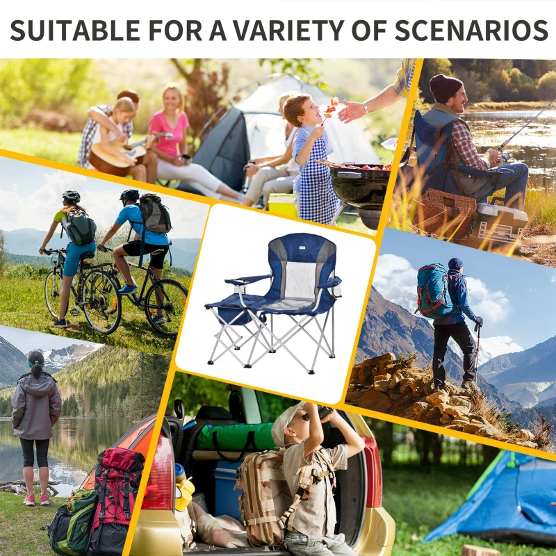 Outsunny Folding Camping Chair with Portable Insulation Table Bag, Two Cup Holders for Beach, Ice Fishing and Picnic, Navy Blue